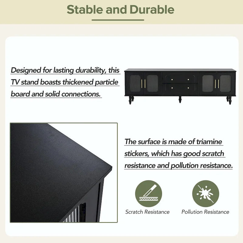 Retro TV Stand with Fluted Glass Doors for TVs Up to 78