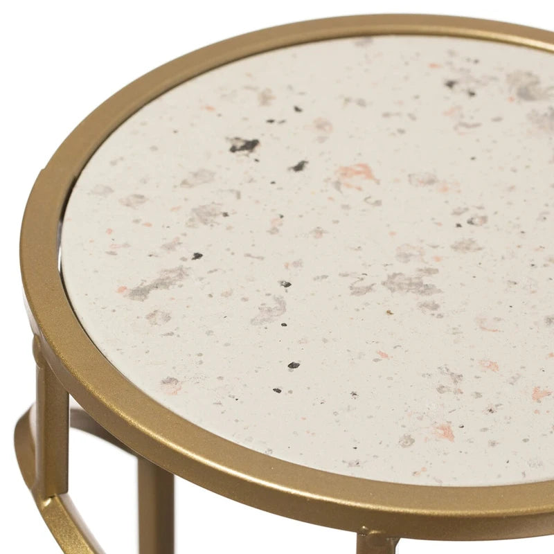 Decorative Gold Metal Round Plant Stand, Modern White Marble Look Top Display End Side Table, Set of 3 - Set of 3