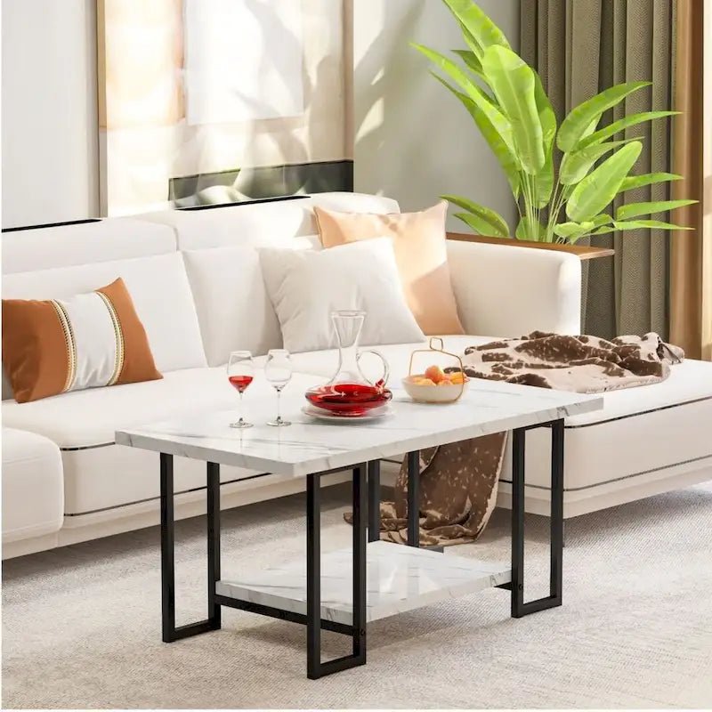 Mieres 39 Wide 2-Tier Faux Marble Top Coffee Table with Steel Frame