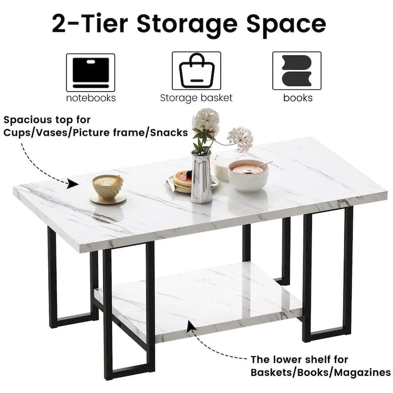 Mieres 39 Wide 2-Tier Faux Marble Top Coffee Table with Steel Frame