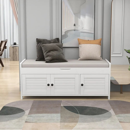 3 Doors Storage Bench with Removable Cushion and Hidden Storage Space