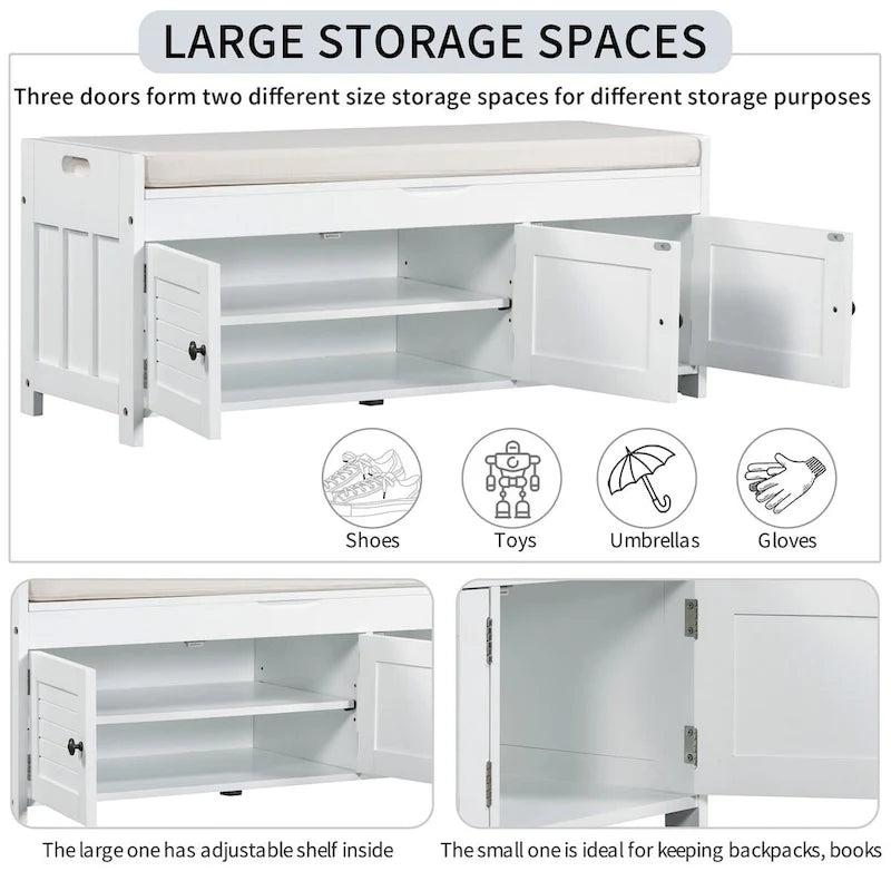3 Doors Storage Bench with Removable Cushion and Hidden Storage Space