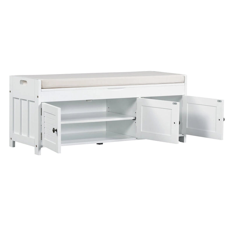3 Doors Storage Bench with Removable Cushion and Hidden Storage Space