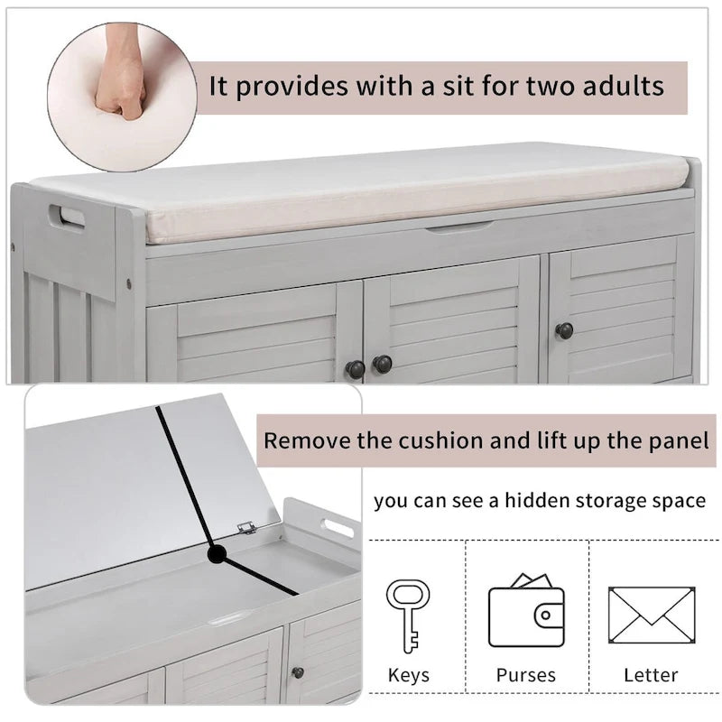 3 Doors Storage Bench with Removable Cushion and Hidden Storage Space