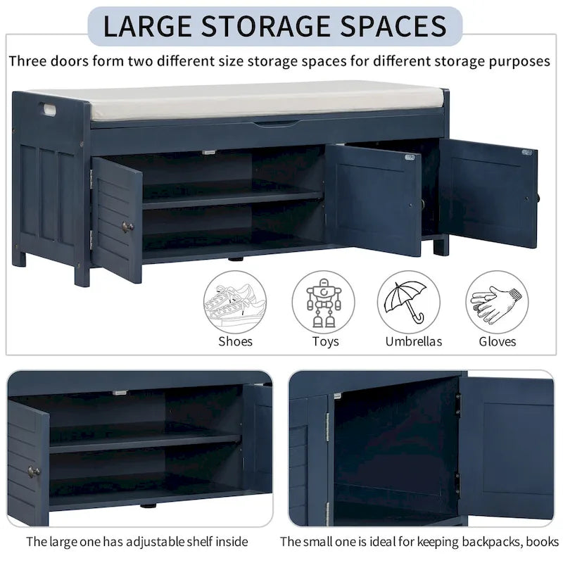 3 Doors Storage Bench with Removable Cushion and Hidden Storage Space