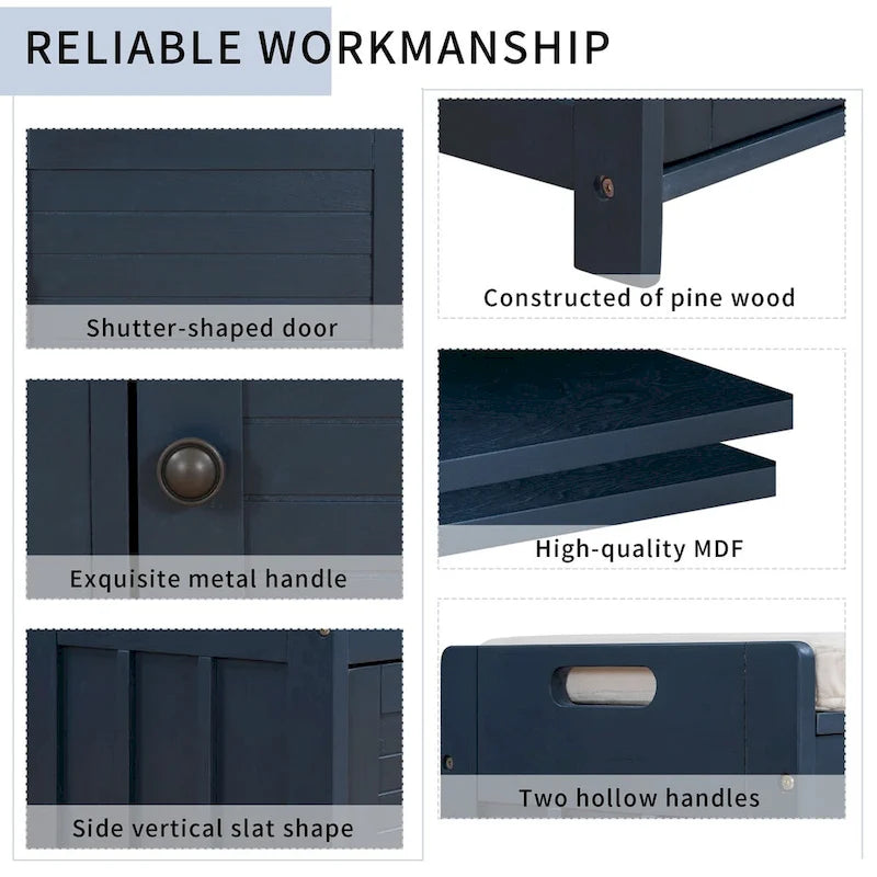 3 Doors Storage Bench with Removable Cushion and Hidden Storage Space