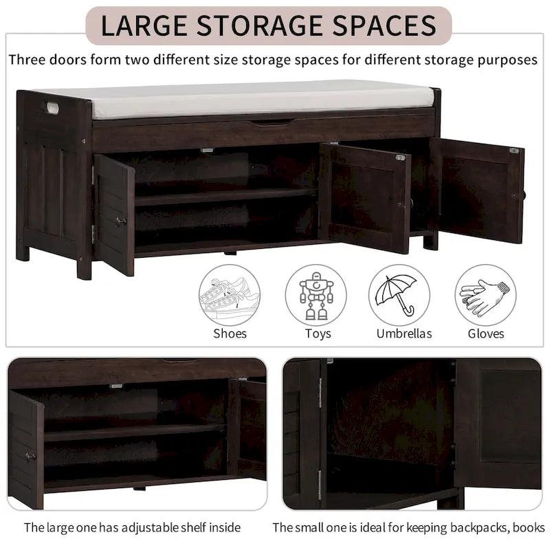 3 Doors Storage Bench with Removable Cushion and Hidden Storage Space