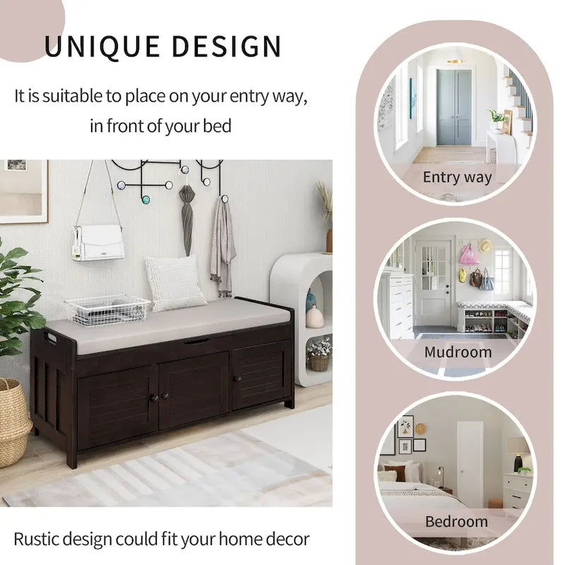 3 Doors Storage Bench with Removable Cushion and Hidden Storage Space