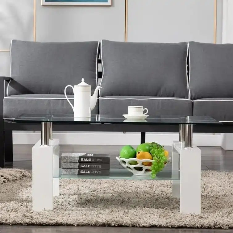 Rectangle Coffee Table Glass Tabletop with Lower Shelf