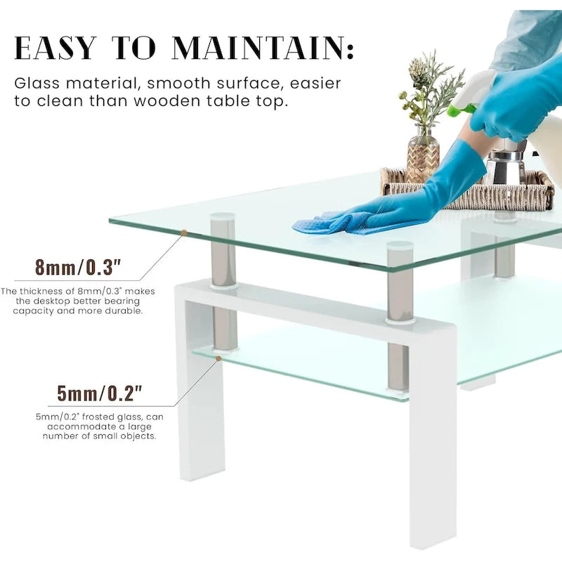 Rectangle Coffee Table Glass Tabletop with Lower Shelf