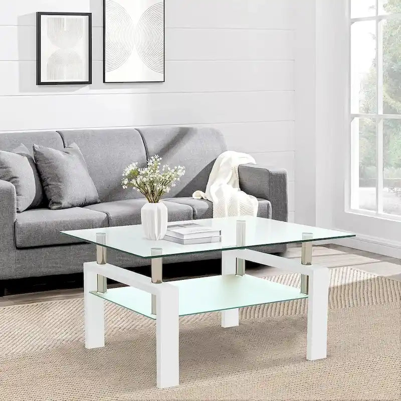 Rectangle Coffee Table Glass Tabletop with Lower Shelf