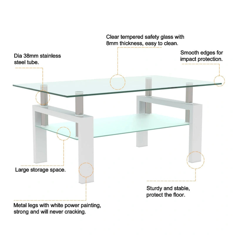 Rectangle Coffee Table Glass Tabletop with Lower Shelf