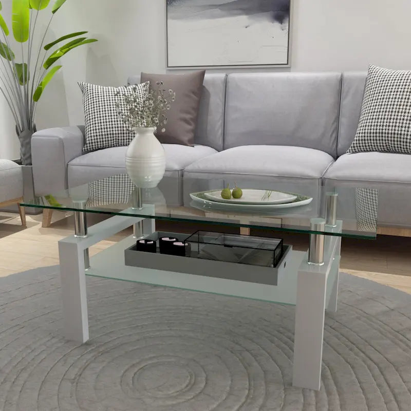 Rectangle Coffee Table Glass Tabletop with Lower Shelf