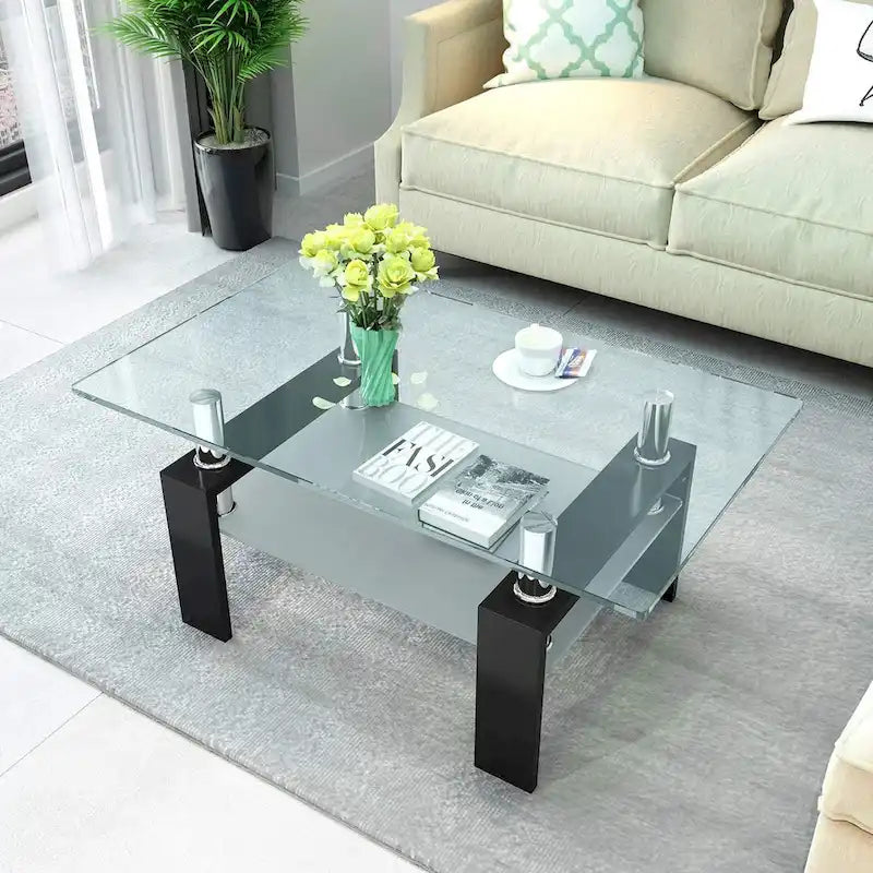 Rectangle Coffee Table Glass Tabletop with Lower Shelf