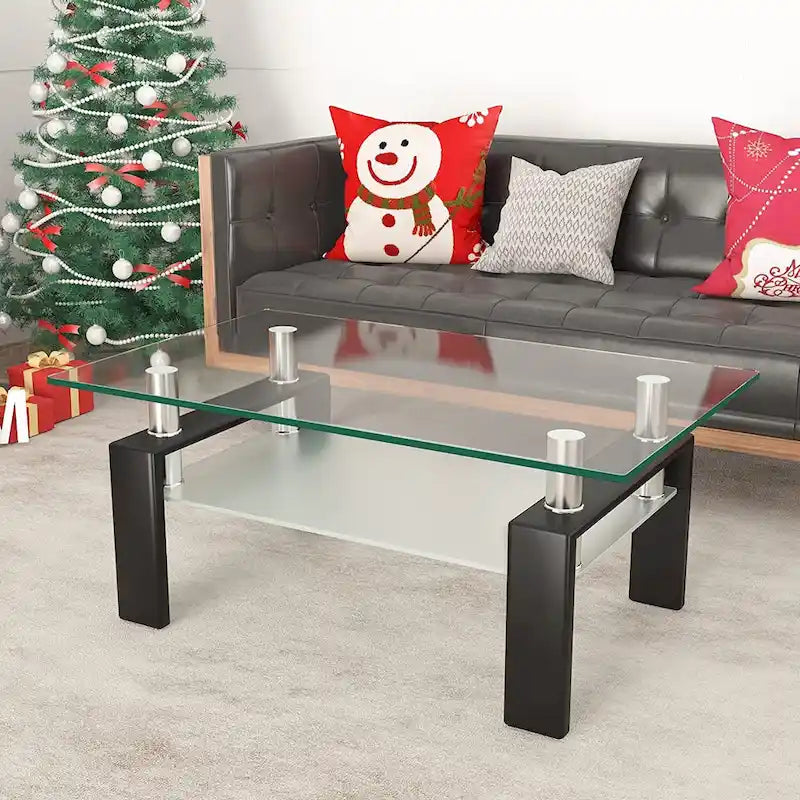 Rectangle Coffee Table Glass Tabletop with Lower Shelf