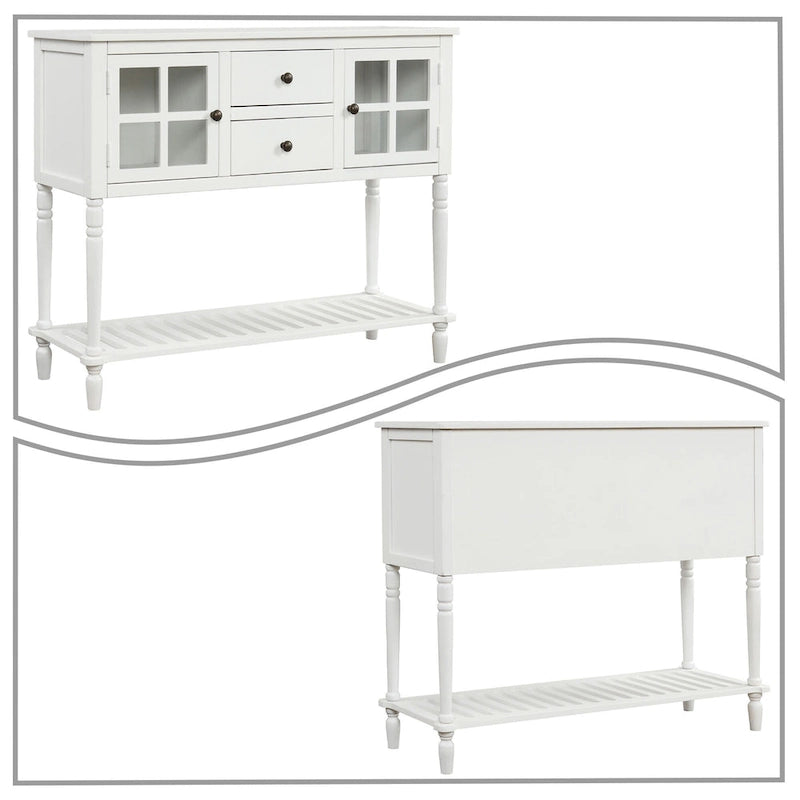 Vintage French Wooden Console Table with Two Glass Cabinet Doors