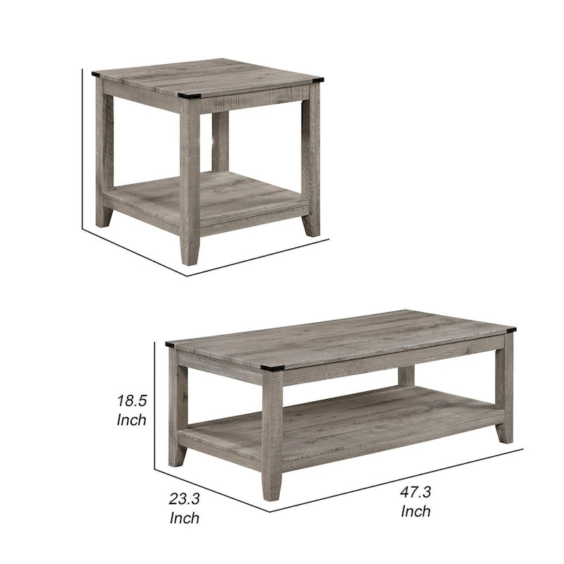Hilton 3 Piece Coffee and End Table Set, Wood, Storage Shelf, Beige Finish