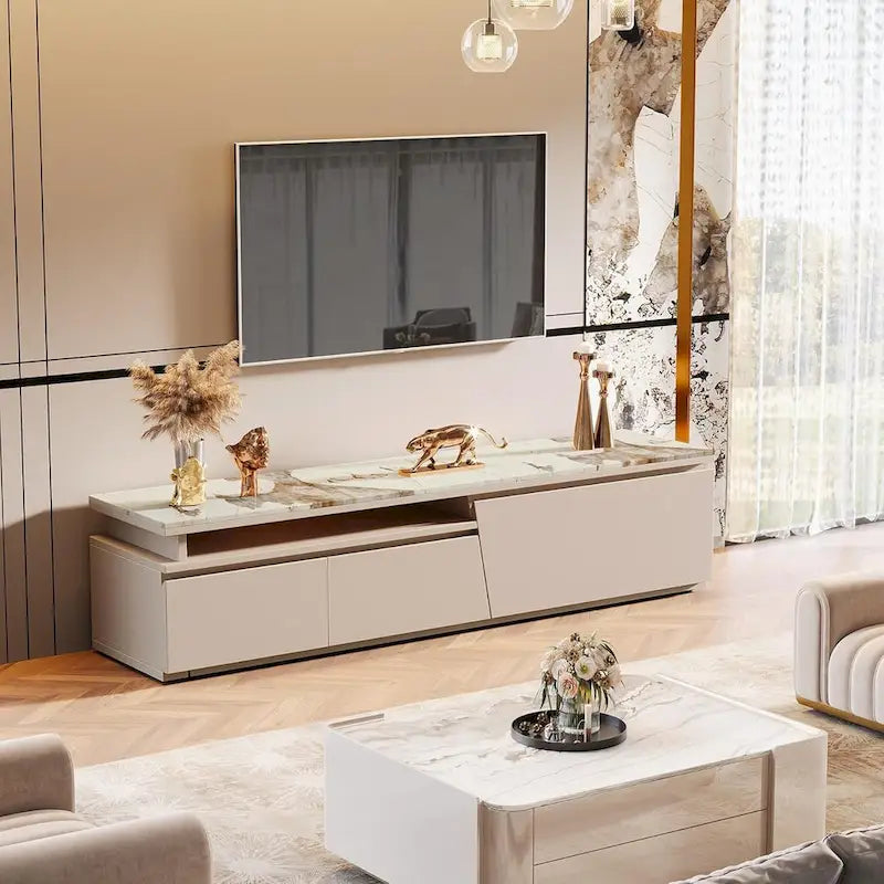 70.9 W - 105 W Extendable TV Stand, Extra Long Modern Entertainment Center with 3 Drawers
