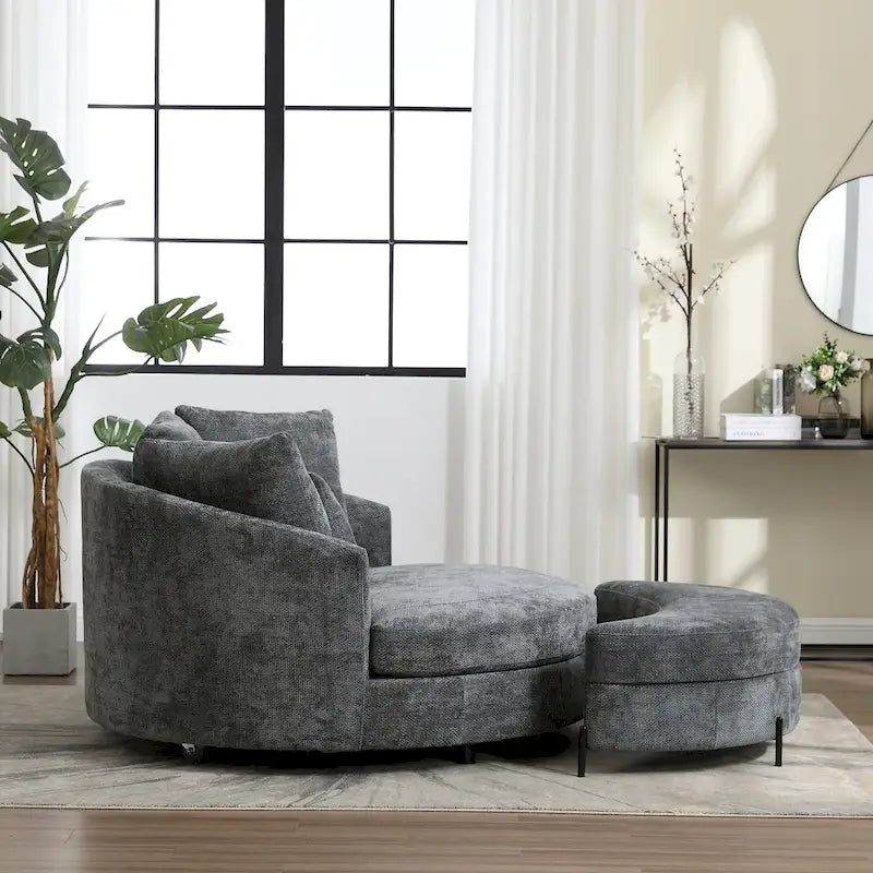 Modern Sofa Chair Round Accent Barrel Chair With 5 Pillows and Optional Ottoman