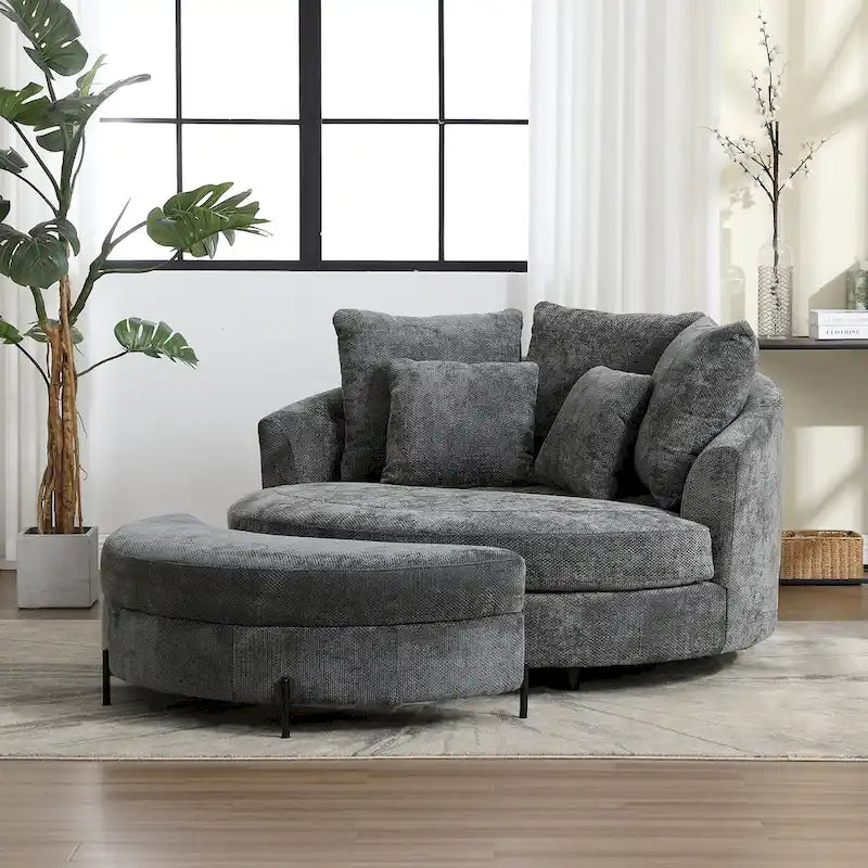 Modern Sofa Chair Round Accent Barrel Chair With 5 Pillows and Optional Ottoman