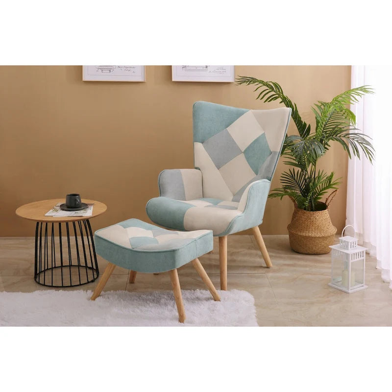Accent Chair with Ottoman, Living Room Chair and Ottoman Set, Comfy Side Armchair for Bedroom, Creative Splicing Cloth Surface