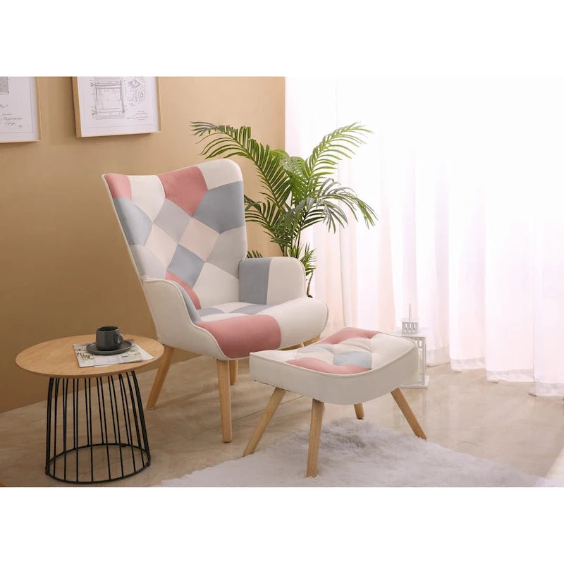 Accent Chair with Ottoman, Living Room Chair and Ottoman Set, Comfy Side Armchair for Bedroom, Creative Splicing Cloth Surface
