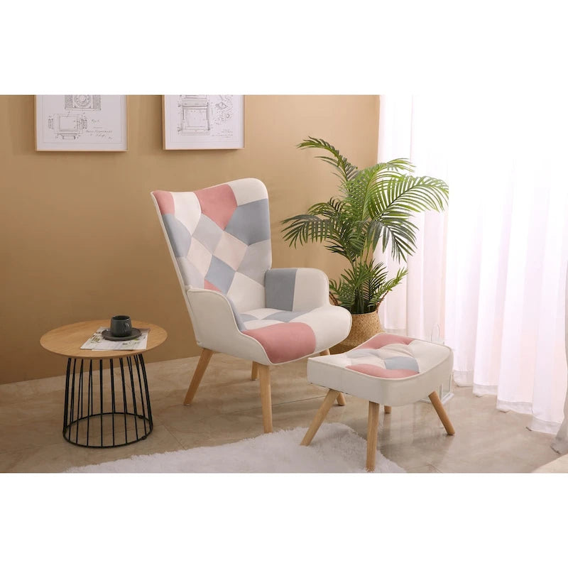 Accent Chair with Ottoman, Living Room Chair and Ottoman Set, Comfy Side Armchair for Bedroom, Creative Splicing Cloth Surface