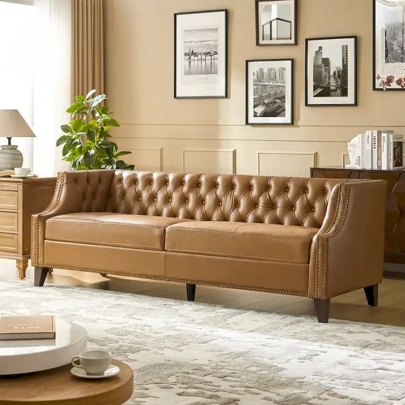 Eugne Transitional Genuine Leather Tufted Design Sofa with Solid Wood Legs by HULALA HOME