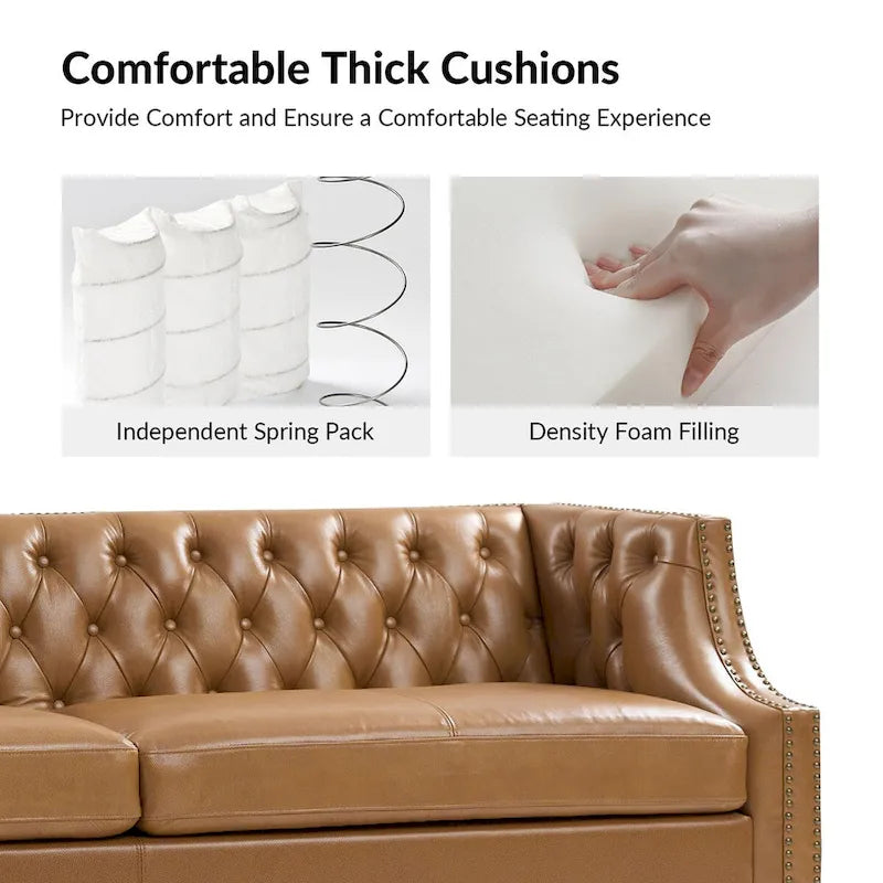 Eugne Transitional Genuine Leather Tufted Design Sofa with Solid Wood Legs by HULALA HOME