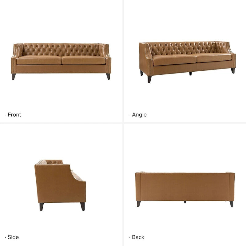 Eugne Transitional Genuine Leather Tufted Design Sofa with Solid Wood Legs by HULALA HOME