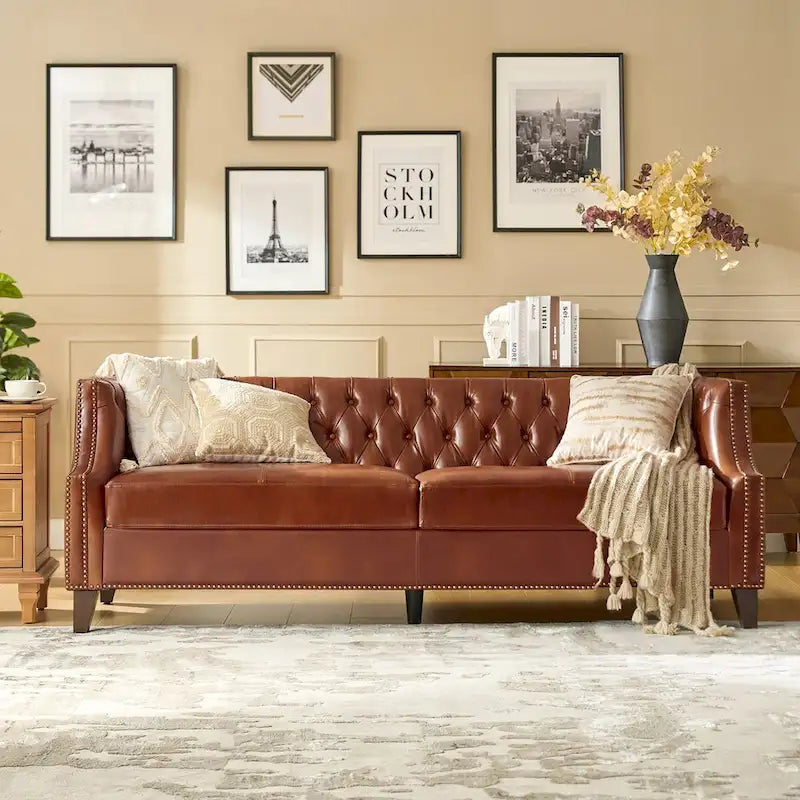 Eugne Transitional Genuine Leather Tufted Design Sofa with Solid Wood Legs by HULALA HOME