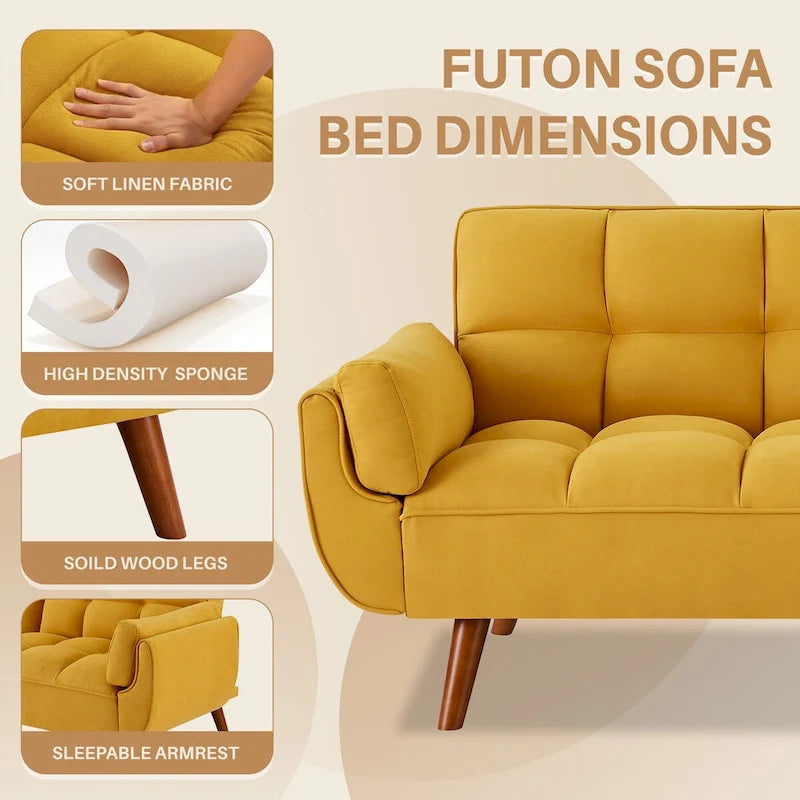 75.39 INCH Futon Sofa Bed, Convertible Folding Futon Couch Recliner Lounge For Living Room With 2 Pillow/Armrest