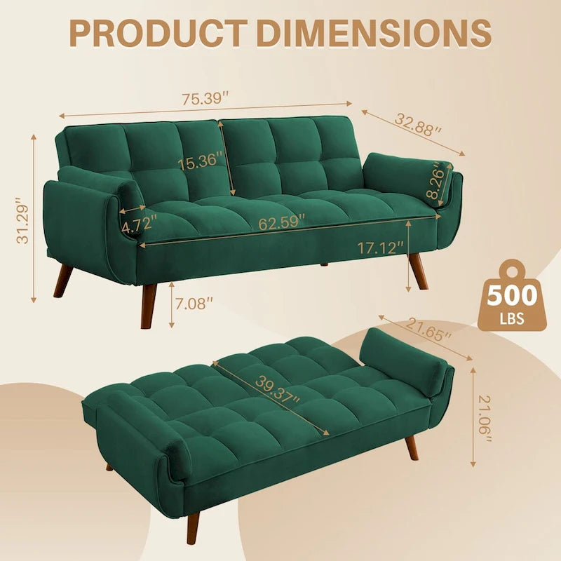 75.39 INCH Futon Sofa Bed, Convertible Folding Futon Couch Recliner Lounge For Living Room With 2 Pillow/Armrest