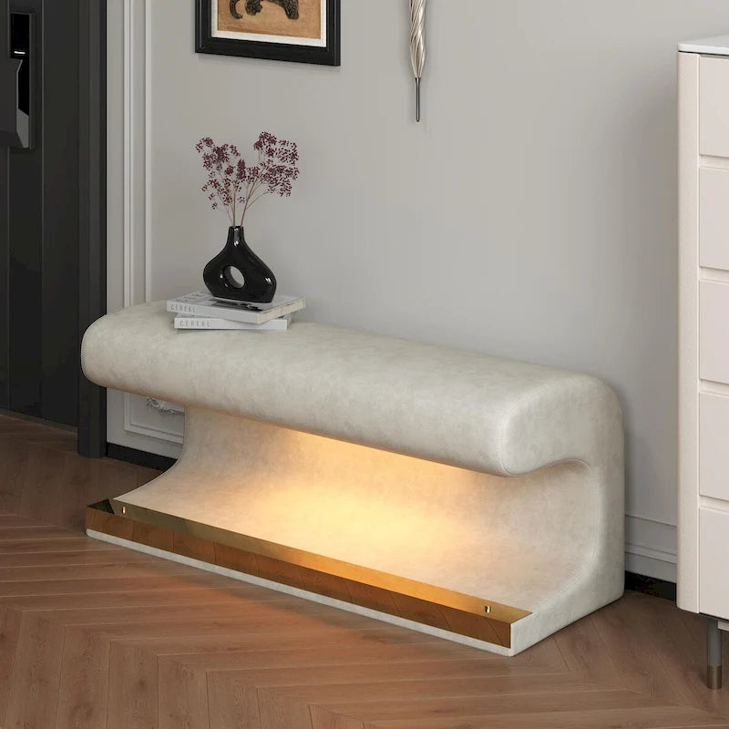 Entryway Bench Leather Upholstered Ottoman with LED sensor light for living room, bedroom, end of bed